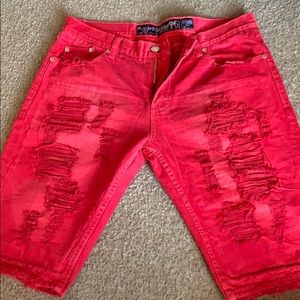 Distressed red Denim shorts